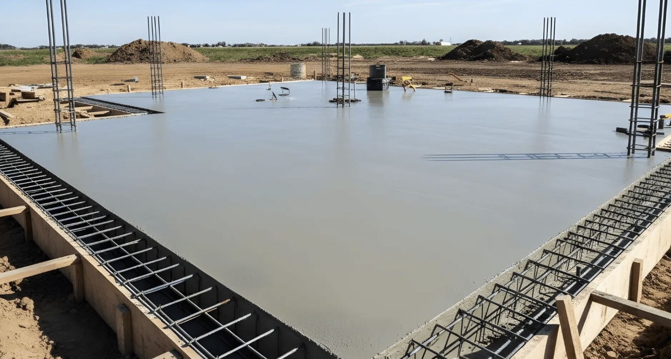 Professional concrete slab foundation work on construction site